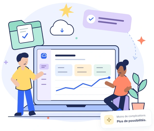 Illustration flat : deux personnes autour d'un outil de gestion et de documents partagés